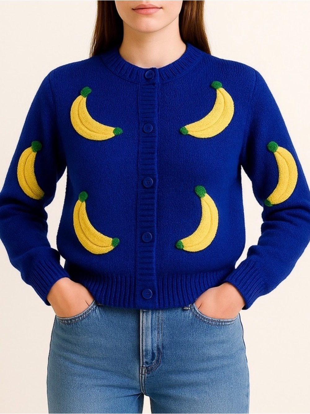 Women's Bright Blue banana Crewneck Sweater with Cream Elbow Motifs